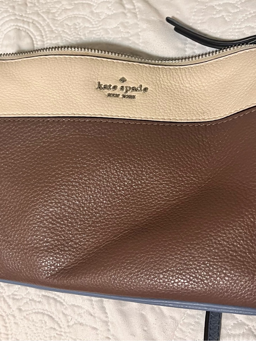 kate spade Cream and Brown Pebbled Leather crossbody with Blue strap